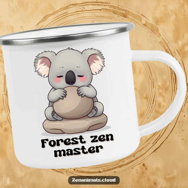 Funny koala hugging a smooth meditation stone on a durable enamel camping mug. Ideal for outdoor enthusiasts seeking humor.