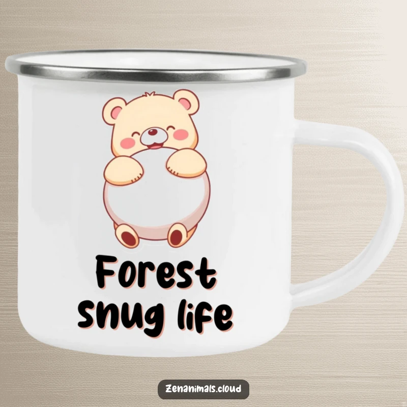 Funny bear character hugging a cushion with joy on this durable, humorous camping mug, perfect for outdoor enjoyment.