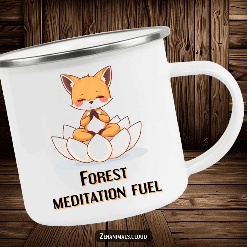 Funny tiny fox meditating on a floating lotus flower, depicted on a durable camping mug for peaceful enjoyment.