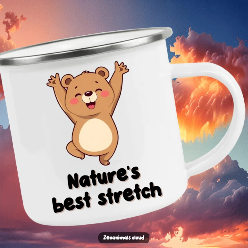 Funny camping mug featuring a cheerful bear striking a triumphant yoga pose, designed for outdoor lovers who appreciate humor and inner peace.