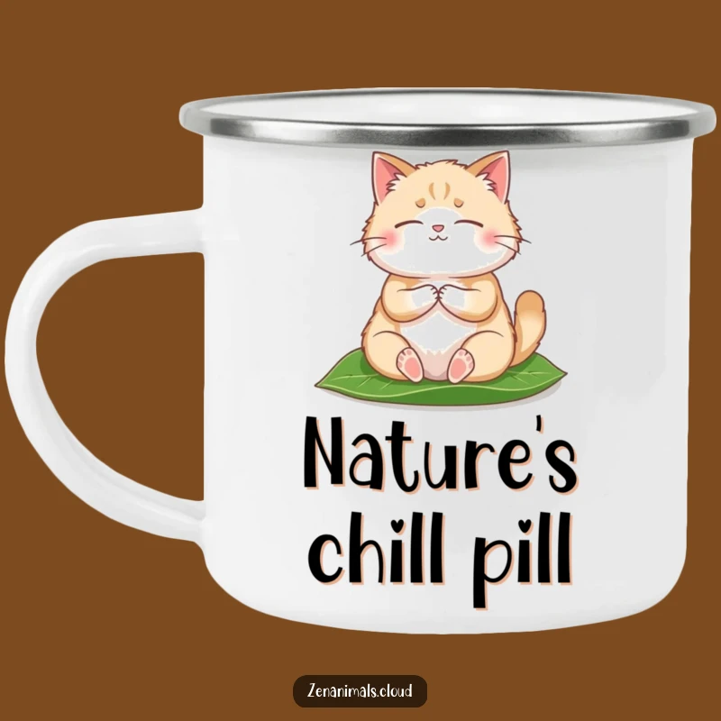 Funny Zen Cat Camping Mug: Fluffy Meditator Leaf Design, Outdoor Humorous Gift