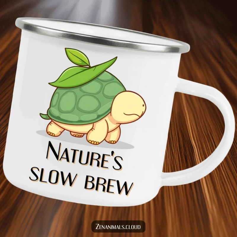 Funny turtle camping mug with a leaf on its head, walking slowly, perfect for outdoor enthusiasts who appreciate humor.
