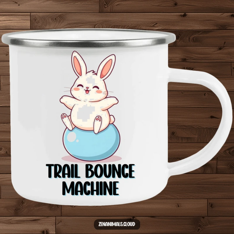 Funny plump bunny happily bouncing on a yoga ball, depicted on a durable camping mug for outdoor fun.