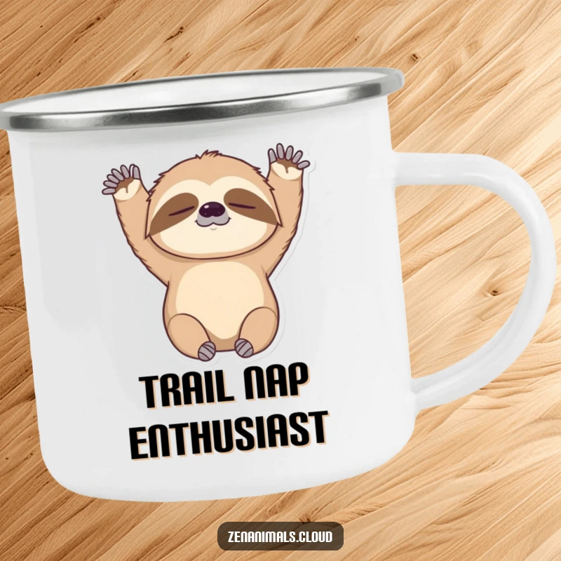 Funny camping mug featuring a sleepy sloth stretching its arms upwards, ideal for outdoor enthusiasts who appreciate humor and slow living.