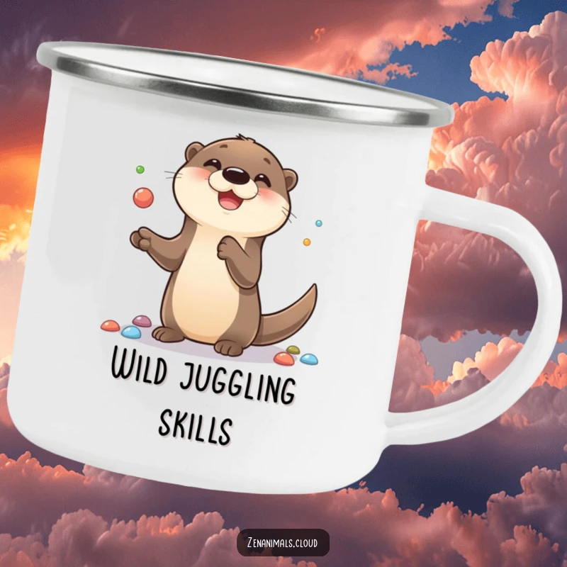 Funny camping mug featuring a cute otter happily juggling colorful pebbles, designed for outdoor enthusiasts who appreciate humor and playful designs.