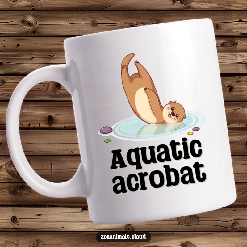 Funny Otter Mug: A playful otter performs a somersault gracefully in a serene pond, showcasing joy and aquatic fun.
