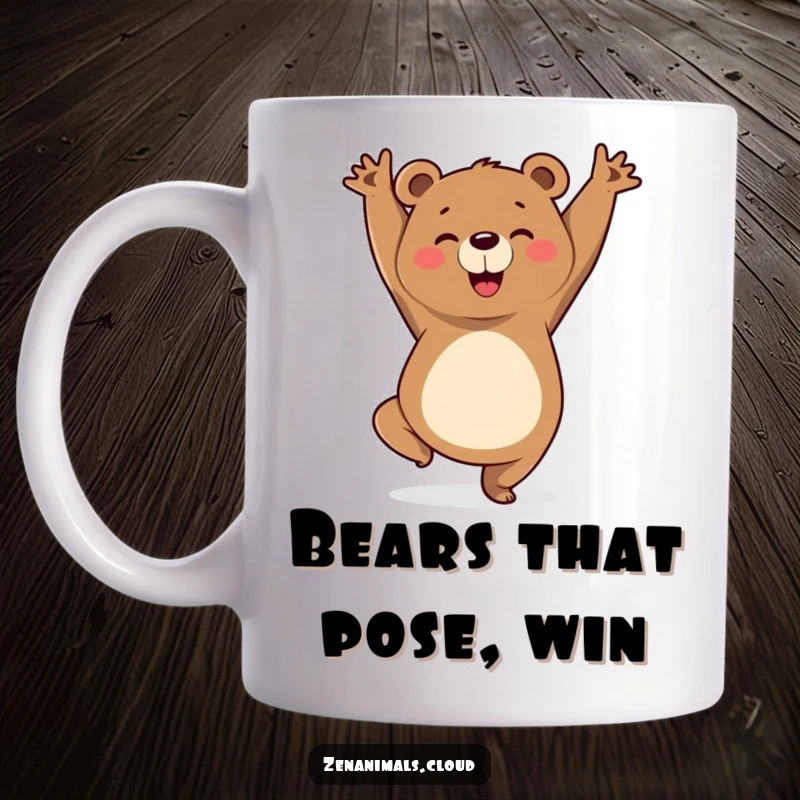 Funny mug showcasing a cheerful bear striking a triumphant yoga pose with a look of pure accomplishment and inner peace.