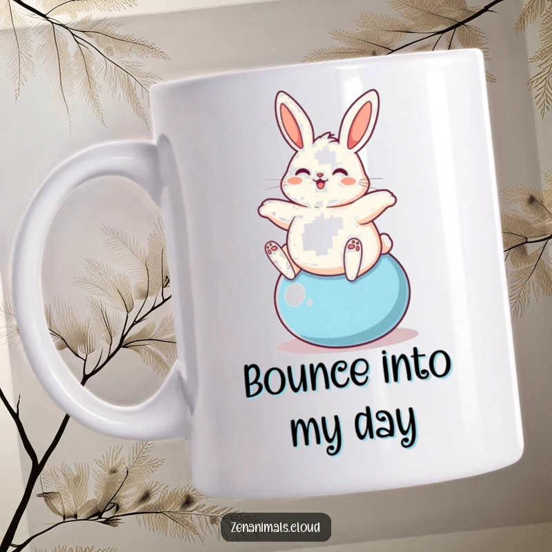 Funny plump bunny happily bouncing high on a yoga ball, bringing energetic humor to this fun mug.