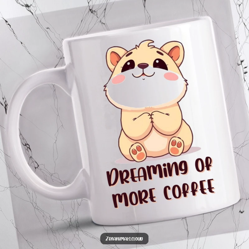 Funny content animal with paws clasped, looking upwards dreamily at the sky on a mug.