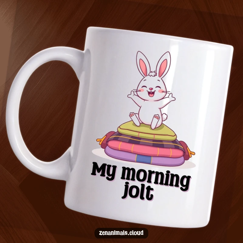 Funny mug showing a bouncy bunny with a wide grin, joyfully hopping over a stack of colorful meditation cushions.