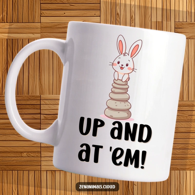 Funny Mug featuring a cheerful bunny expertly balancing a tall stack of pebbles, showcasing determination and humor.