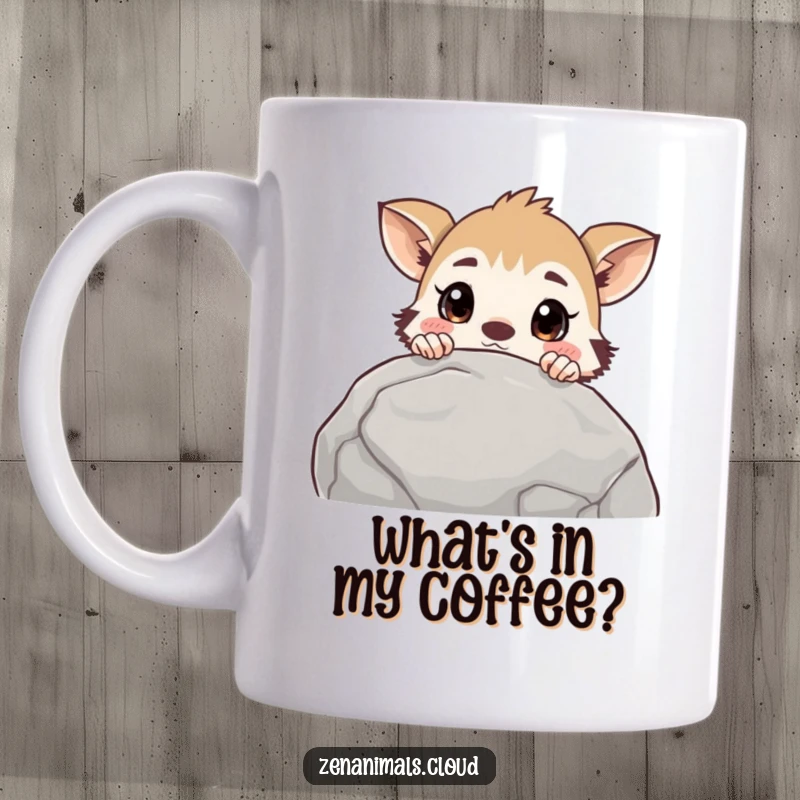 Funny curious animal mug showing a creature peeking over a rock with wide, surprised eyes, capturing a moment of wonder.