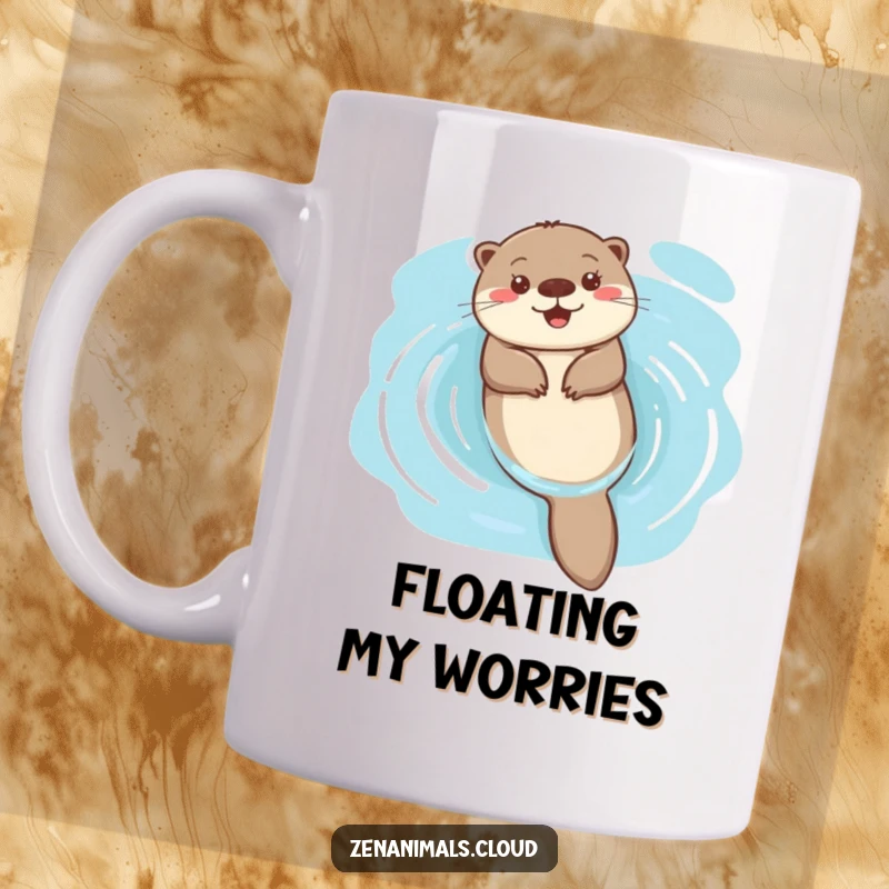 Funny happy otter floating on its back in serene blue water on a mug, radiating pure joy and relaxation.
