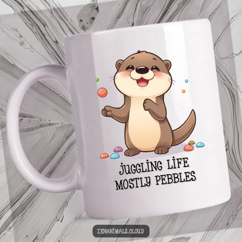 Funny mug showcasing a cute otter with a cheerful smile, skillfully juggling small colorful pebbles with impressive dexterity.