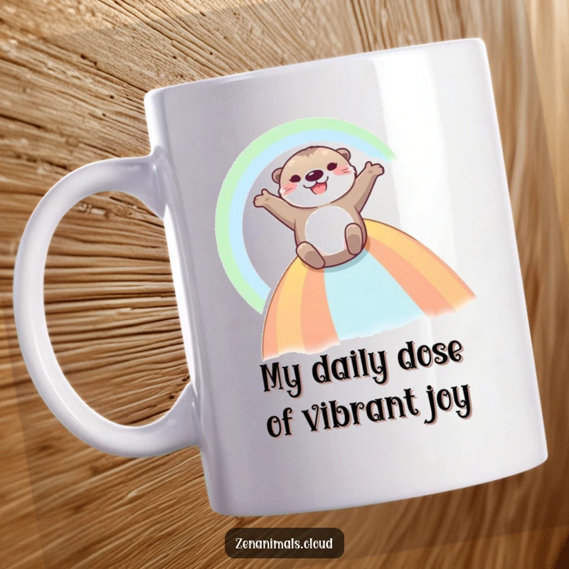 Funny Otter Mug: A joyful otter slides down a rainbow with arms outstretched, conveying pure, unadulterated happiness and fun.