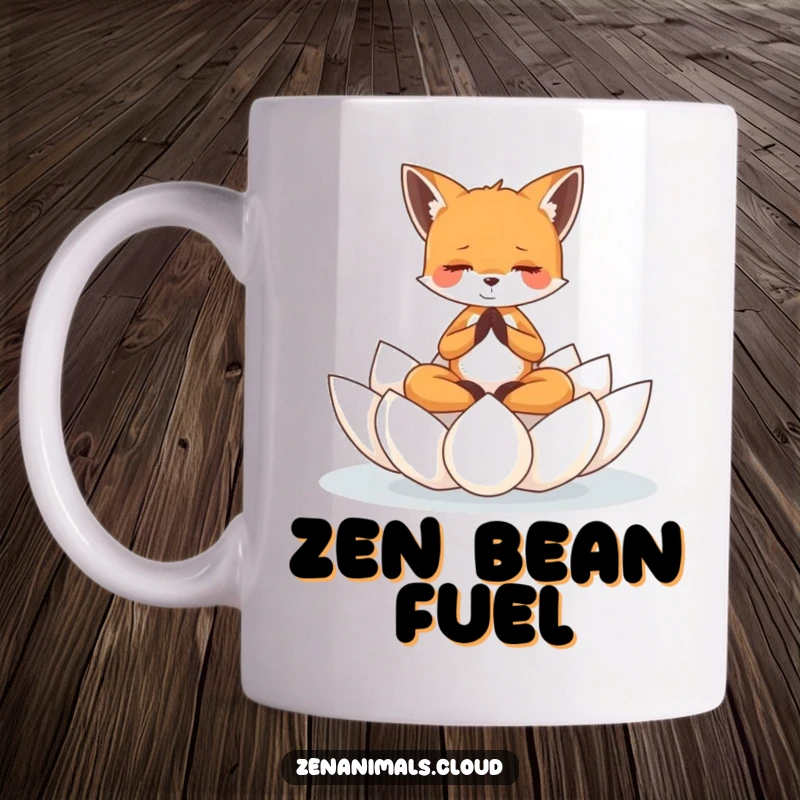 Funny tiny fox meditating peacefully on a floating lotus flower, bringing zen vibes to this calm mug.