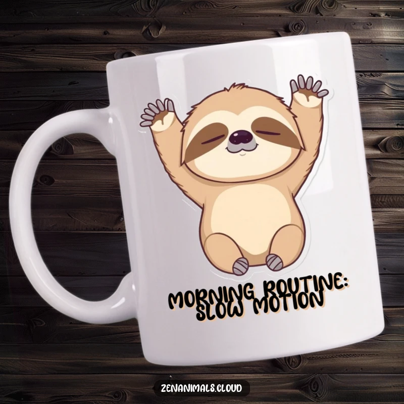 Funny sloth mug featuring a sleepy sloth gently stretching its arms upwards, embodying pure morning relaxation and adorable laziness.
