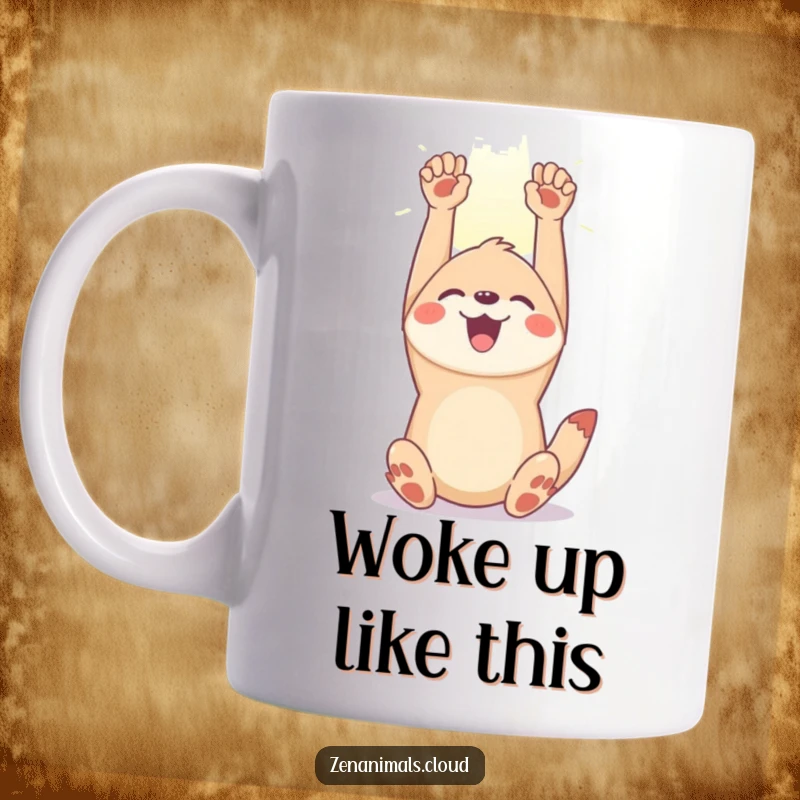 Funny joyful animal mug showing a happy creature stretching its limbs towards a gentle sunbeam, radiating warmth and positivity.