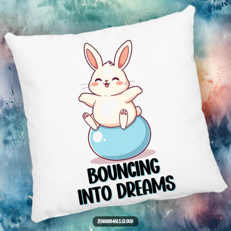 Funny plump bunny happily bouncing on a yoga ball, featured on a plush and funny pillow.