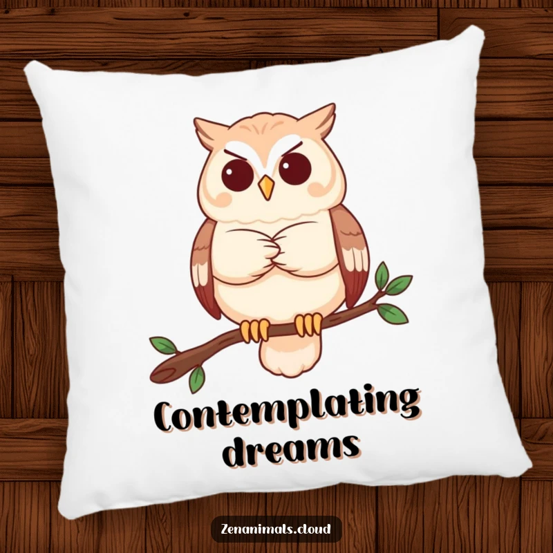 Funny owl pillow with a serene owl contemplating, soft, comforting, and humorous for decor.