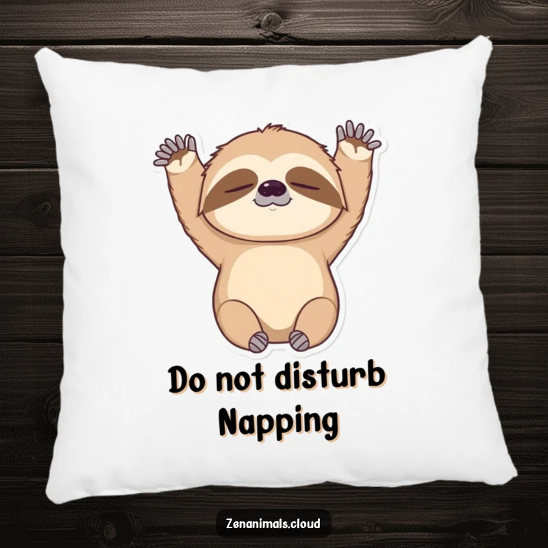 Funny pillow with a sleepy sloth gently stretching its arms upwards, offering comfort and a humorous, relaxed aesthetic to any couch or bed.