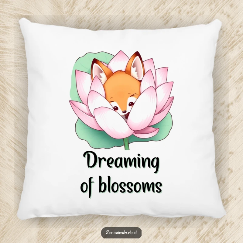 Funny curious fox peeking from a lotus flower pillow, offering cozy mystery and whimsical comfort.