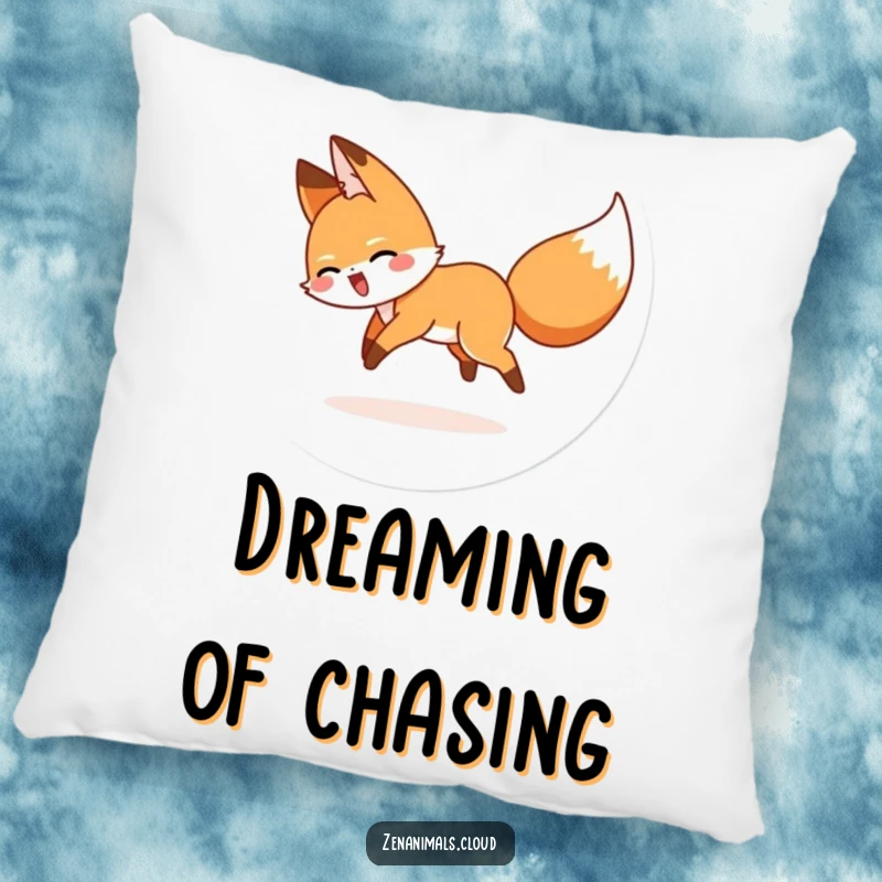 Funny pillow with a soft texture, depicting a cartoon fox spinning happily as it chases its tail.