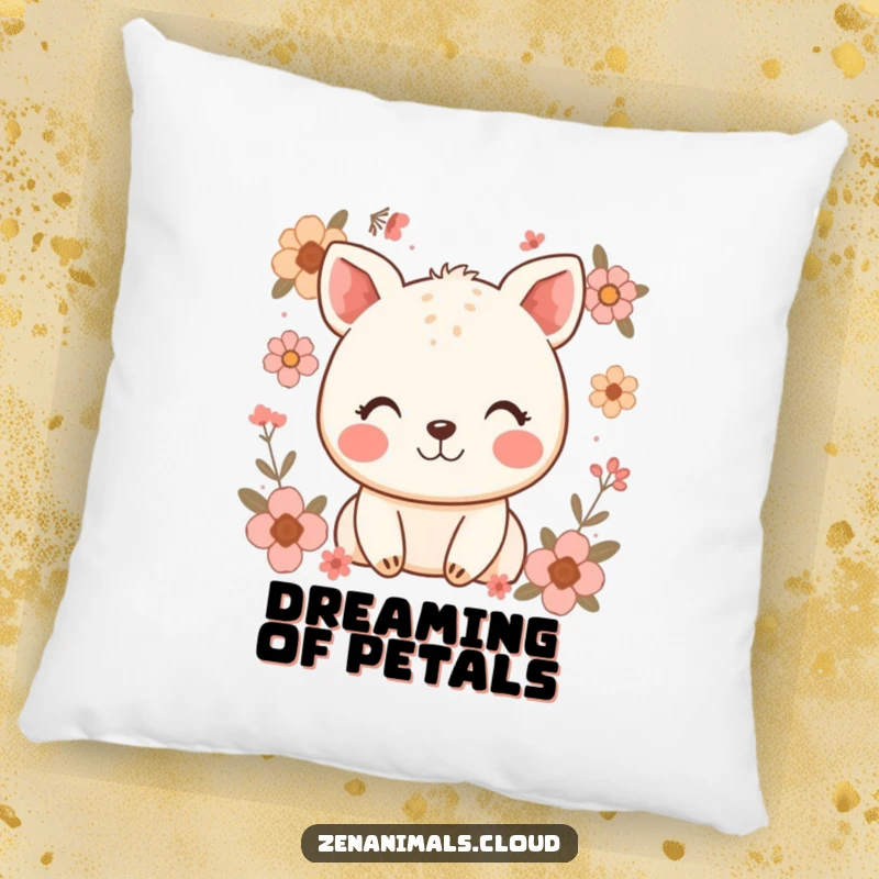 Funny pillow decorated with a soft, smiling happy animal and gentle floral motifs, providing comfort and a touch of whimsy.