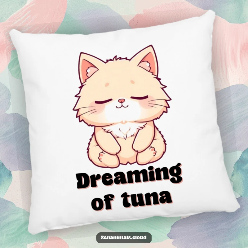 Funny Cat Pillow: A fluffy cat meditating peacefully, eyes closed, with a subtle smile, offering comfort and humorous decor.