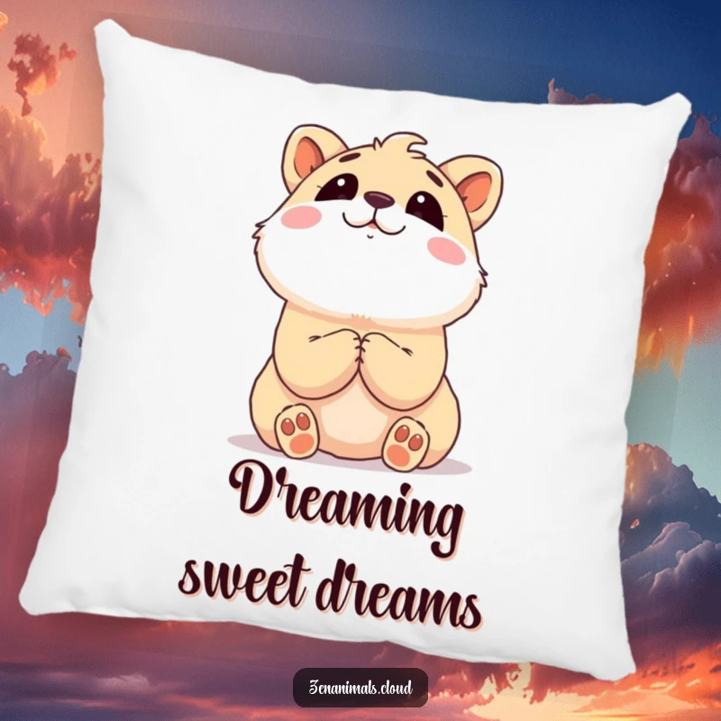 Funny animal with clasped paws looking upwards dreamily on a soft cushion.