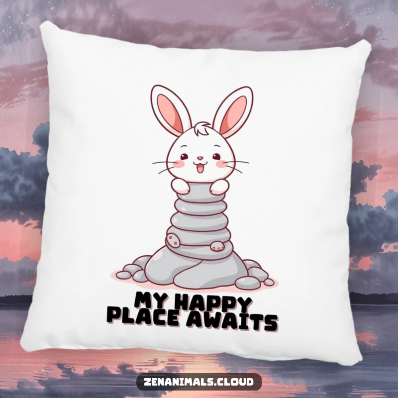 Funny decorative pillow featuring a cheerful bunny balancing a tall stack of pebbles, adding playful charm.