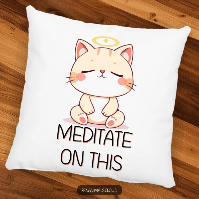 Funny cat meditation pillow, soft cushion featuring a meditating cat with halo, comfortable and humorous decor.