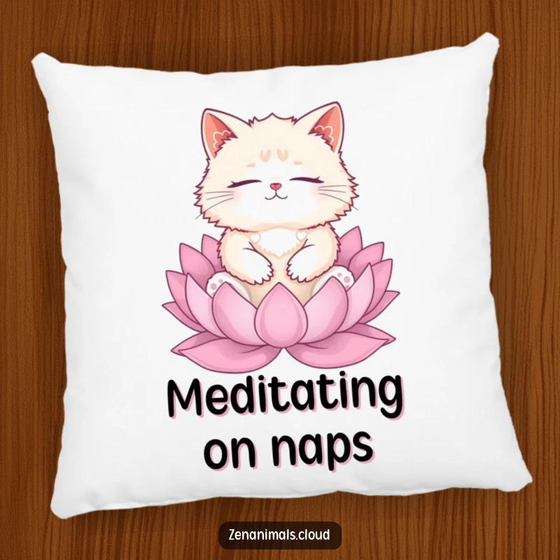Funny cat meditation pillow showing a fluffy cat on a lotus, soft, comforting, and humorous for decor.