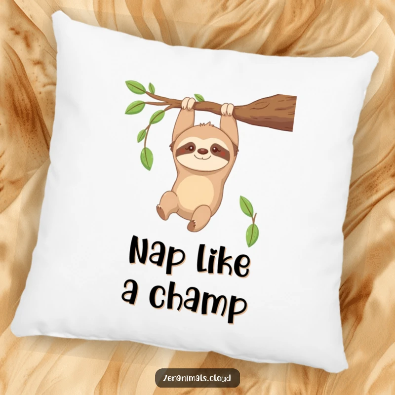 Funny Sloth Pillow: Contented sloth hanging upside down from a branch, smiling gently, a soft and humorous decor item.