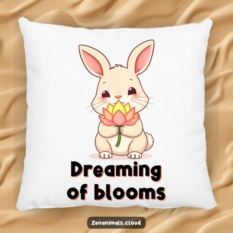 Funny Rabbit Pillow: Curious rabbit holding a glowing lotus flower, nose twitching, a soft and magical decor item.