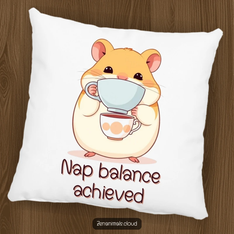 Funny Hamster Pillow: A round, content hamster balancing a tiny teacup on its nose, offering comfort and humorous decor.
