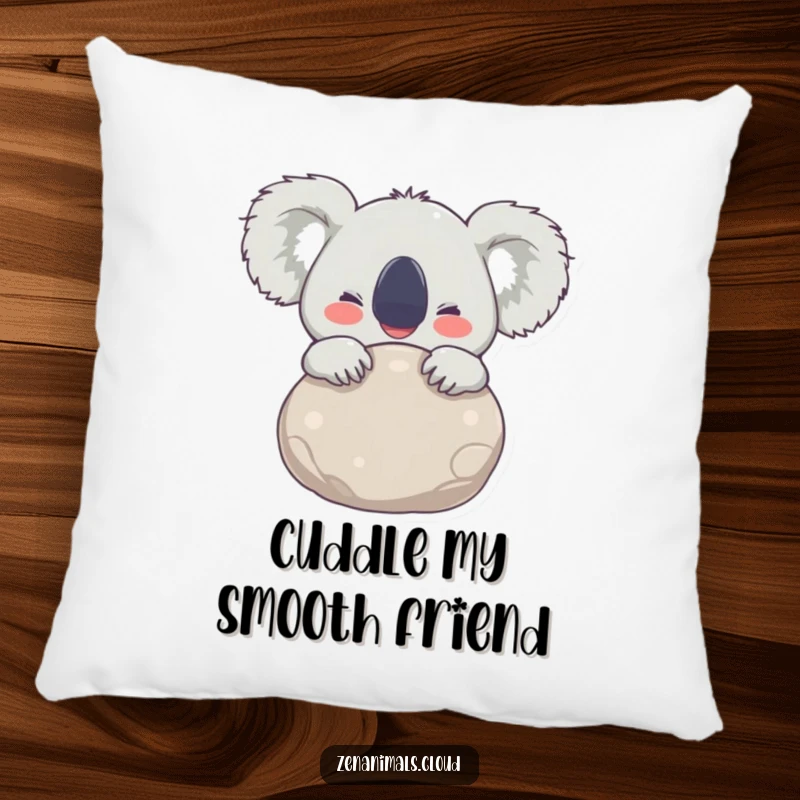 Funny Pillow featuring a joyful koala hugging a smooth stone, eyes wide with delight, designed for ultimate comfort and happiness.