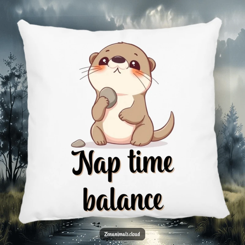 Funny playful otter balancing a pebble on its nose, looking up, designed for a cozy and amusing space.