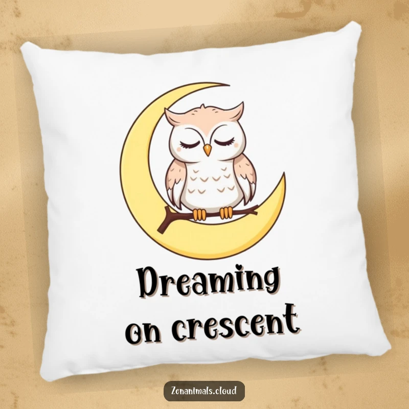 Funny Pillow with a calm owl resting on a crescent moon, blinking slowly, designed for cozy comfort and humorous appeal.