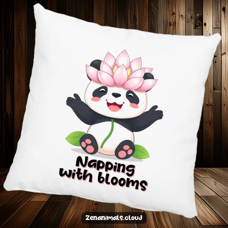 Funny panda lotus pillow, soft cushion featuring a panda balancing a flower, comfortable and humorous decor.