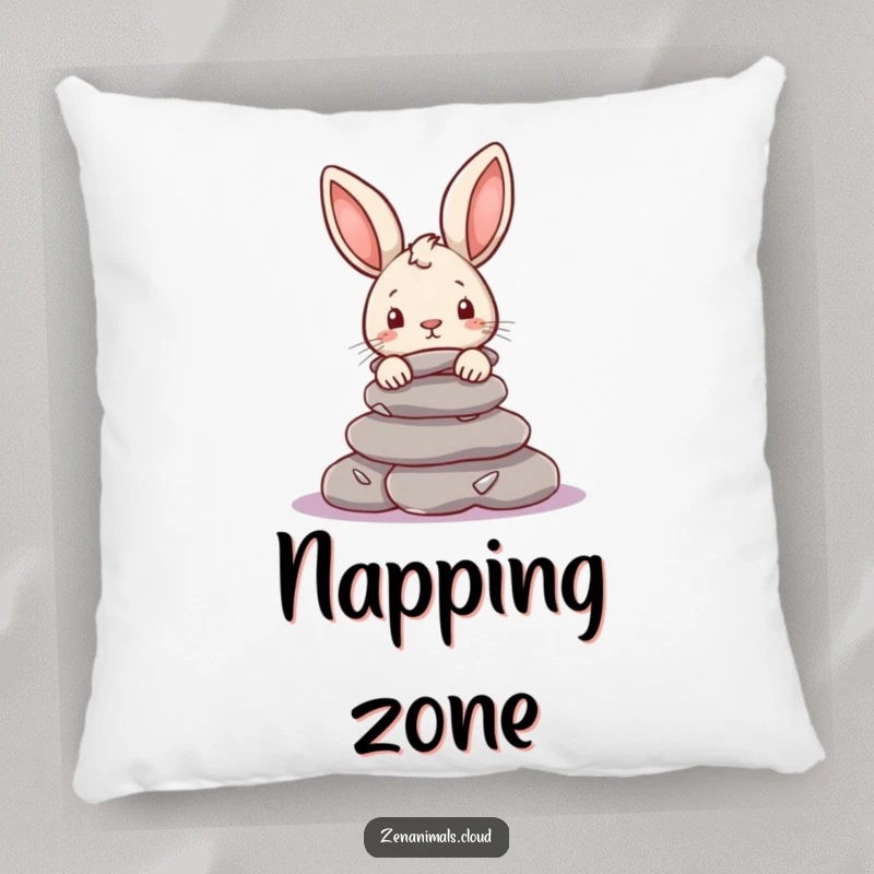 Funny Rabbit Pillow: A curious bunny peeks from behind smooth river stones, offering comfort and a touch of lighthearted charm.
