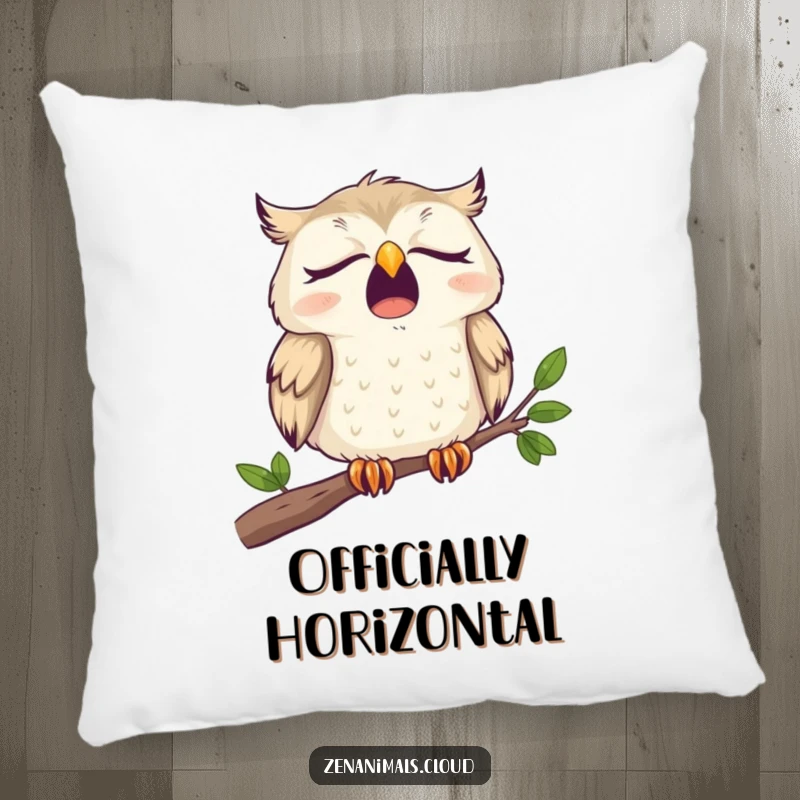 Funny Pillow with a sleepy owl yawning widely on a branch, offering comfort and comedic relatability.