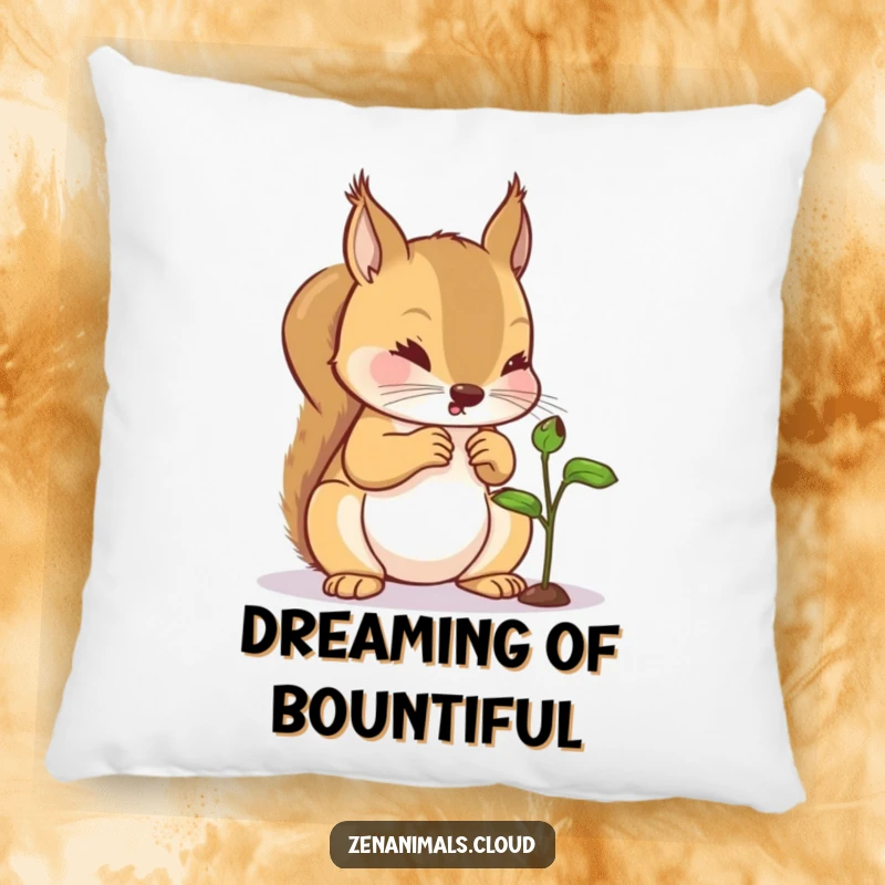 Funny Squirrel Pillow: A soft pillow showcasing a curious squirrel examining a tiny sprout, adding humor and nature's charm.