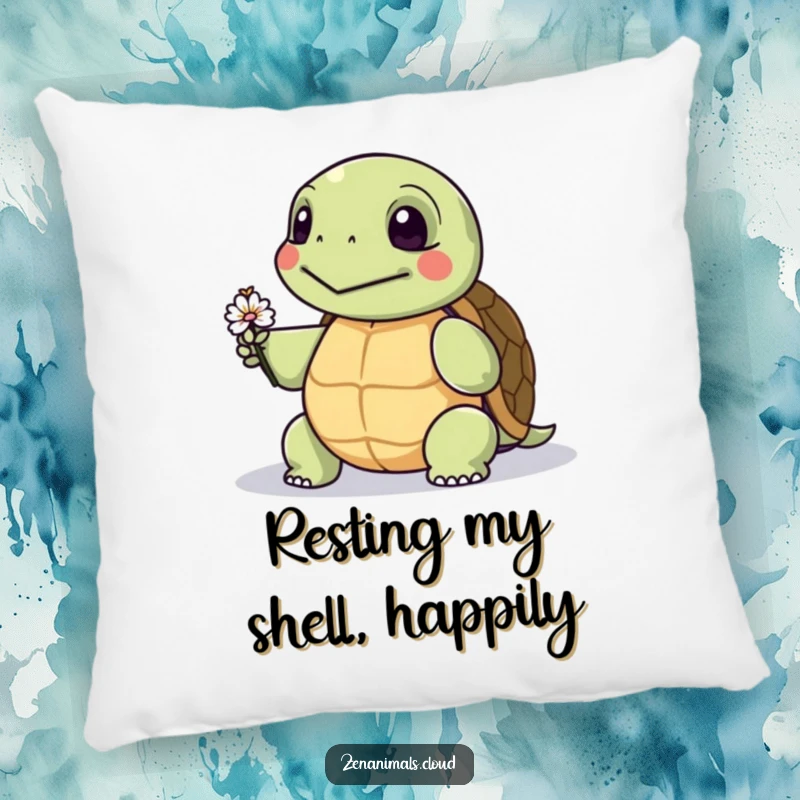 Funny pillow featuring a wise turtle gently offering a tiny flower, designed for comfort and decorative humorous appeal.