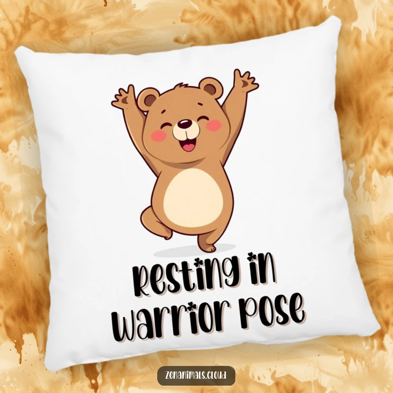 Funny pillow featuring a cheerful bear in a triumphant yoga pose, offering comfort and a humorous, inspiring touch to any living space.