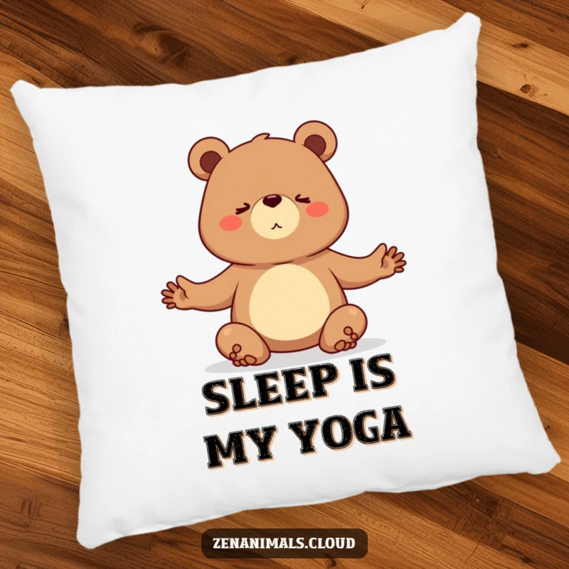 Funny decorative pillow with a determined bear practicing a challenging yoga pose, adding focus to any room.