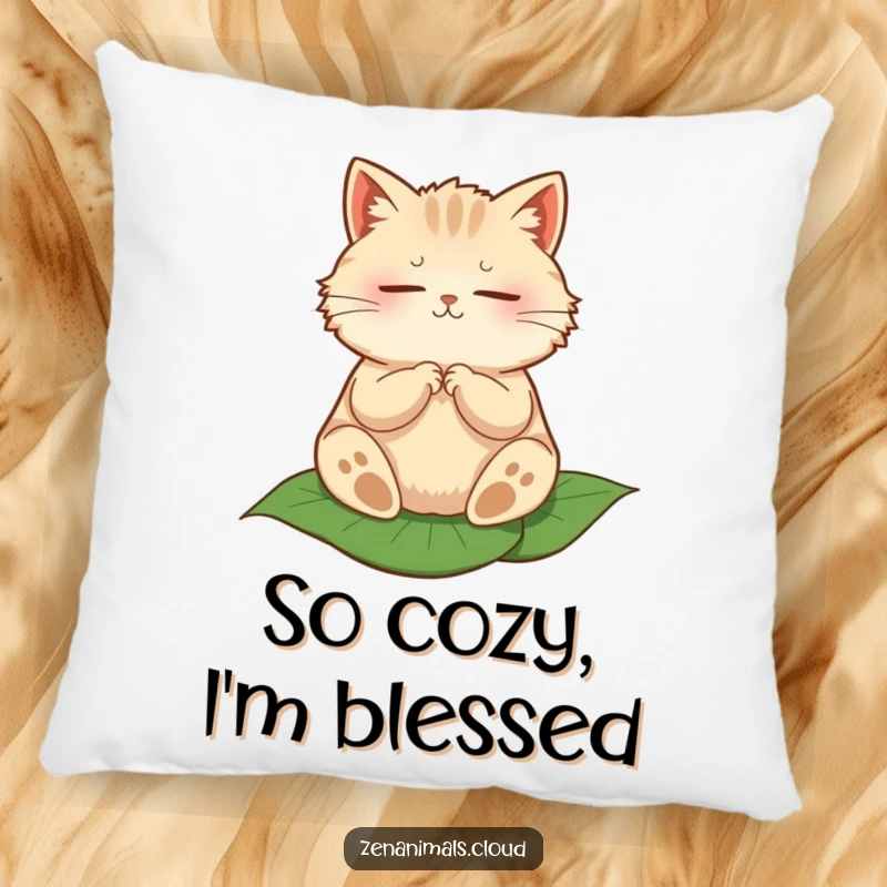 Funny decorative pillow with a round, fluffy cat meditating peacefully on a leaf, perfect for cozy vibes.