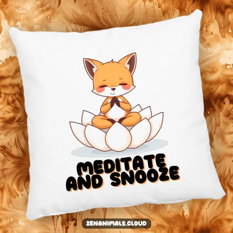 Funny tiny fox meditating peacefully on a floating lotus flower, featured on a plush and funny pillow.