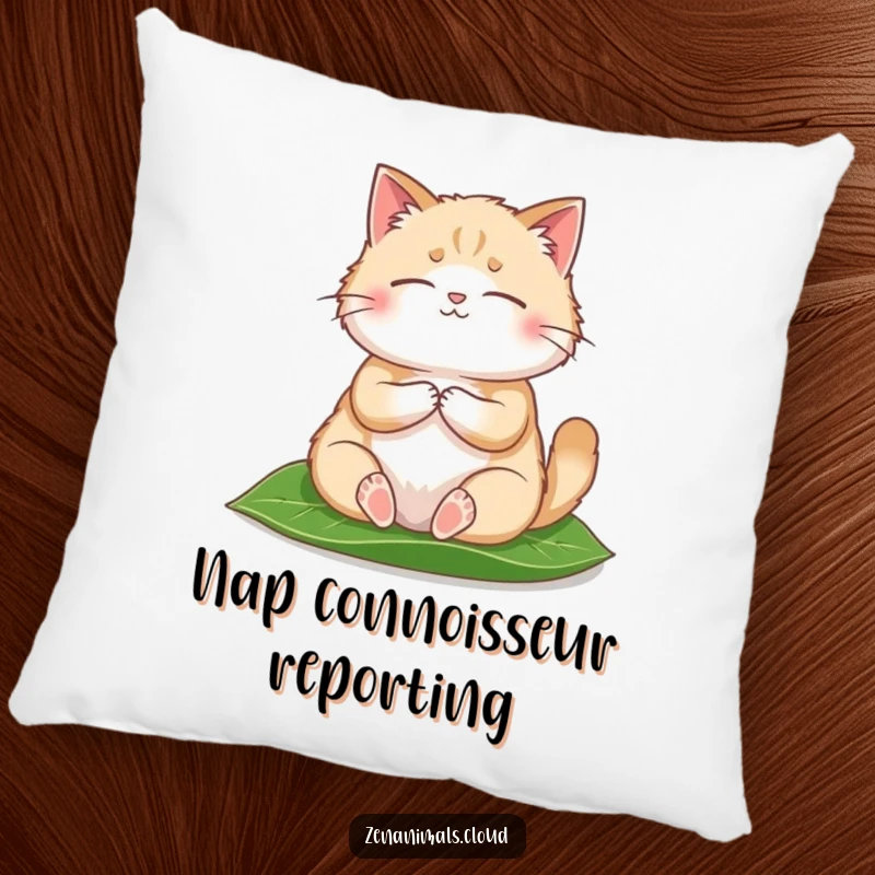 Funny Pillow with a round, fluffy cat in meditation pose upon a leaf, offering comfort and comedic value.