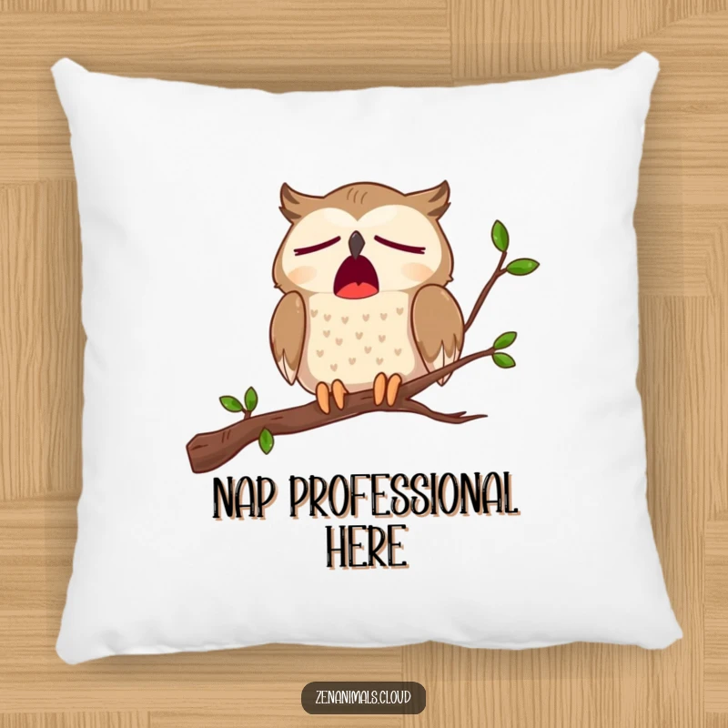 Funny pillow featuring a soft texture and a cartoon owl on a branch in the middle of a massive, sleepy yawn.